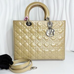 Christian Dior Dior Lady Large Shoulder Bag Leather Yellow